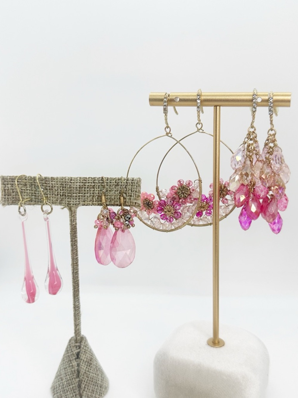 Pink Dangle Earrings Set of 4 Pair Beaded Drop Gold Tone